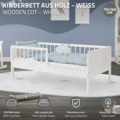 Kinderbett 70x140 cm mit Matratze, Lattenrost und Rausfallschutz in Weiß ML-Design-ECD Germany Online