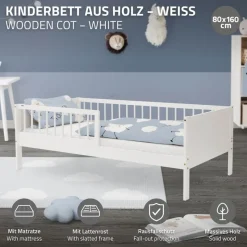 Kinderbett 80x160 cm mit Matratze, Lattenrost und Rausfallschutz in Weiß ML-Design-ECD Germany Outlet