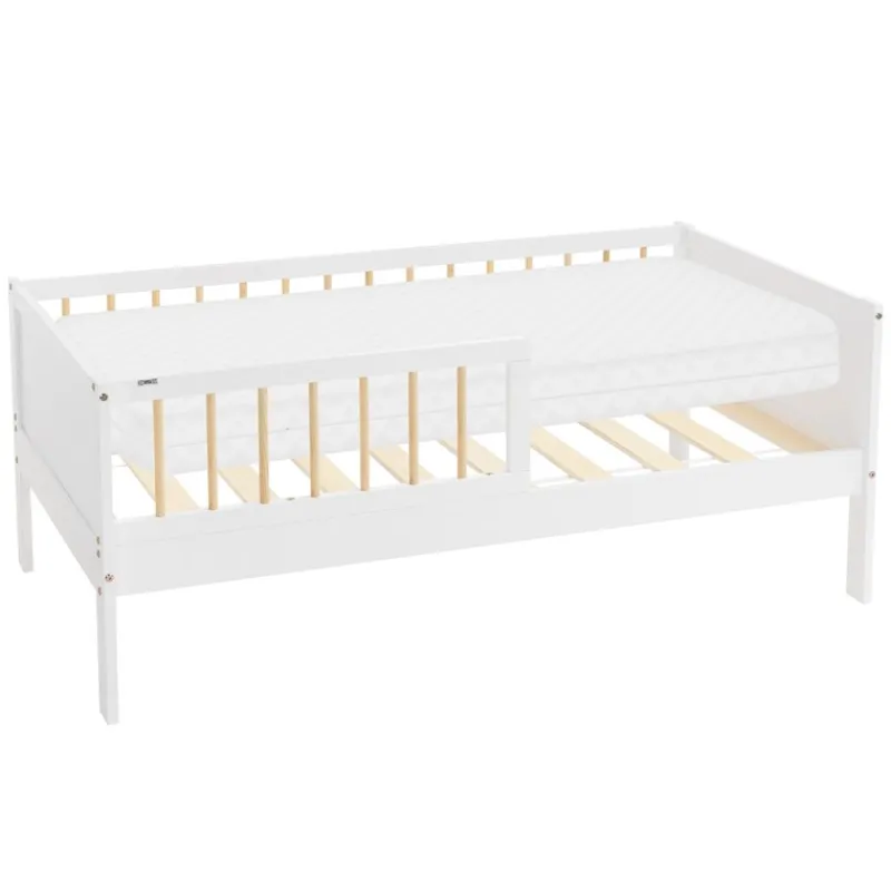 Kinderbett 70x140 cm mit Matratze, Lattenrost und Rausfallschutz in Weiß/Natur ML-Design-ECD Germany