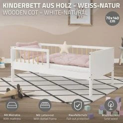 Kinderbett 70x140 cm mit Matratze, Lattenrost und Rausfallschutz in Weiß/Natur ML-Design-ECD Germany
