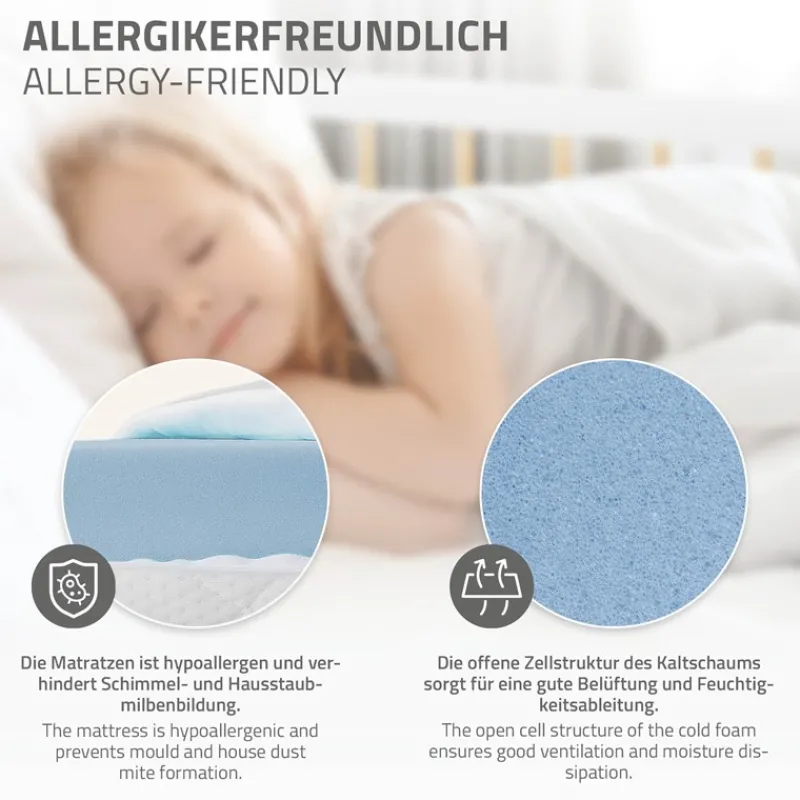 Kinderbett 70x140 cm mit Matratze, Lattenrost und Rausfallschutz in Weiß/Natur ML-Design-ECD Germany