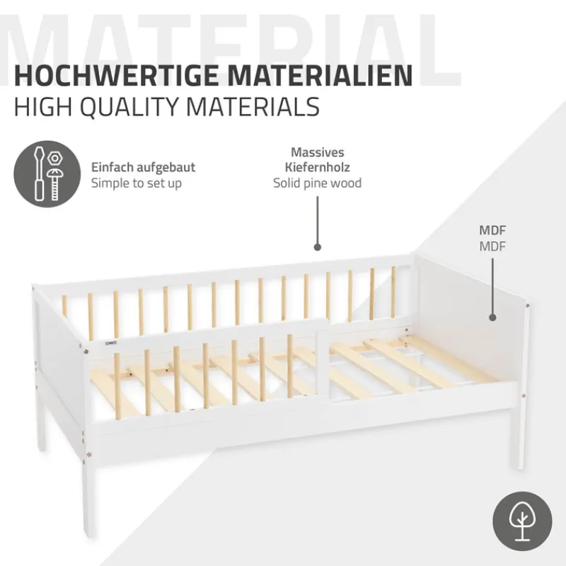 Kinderbett 70x140 cm mit Matratze, Lattenrost und Rausfallschutz in Weiß/Natur ML-Design-ECD Germany