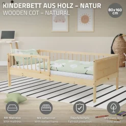 Kinderbett 80x160 cm mit Matratze, Lattenrost und Rausfallschutz in Natur ML-Design-ECD Germany