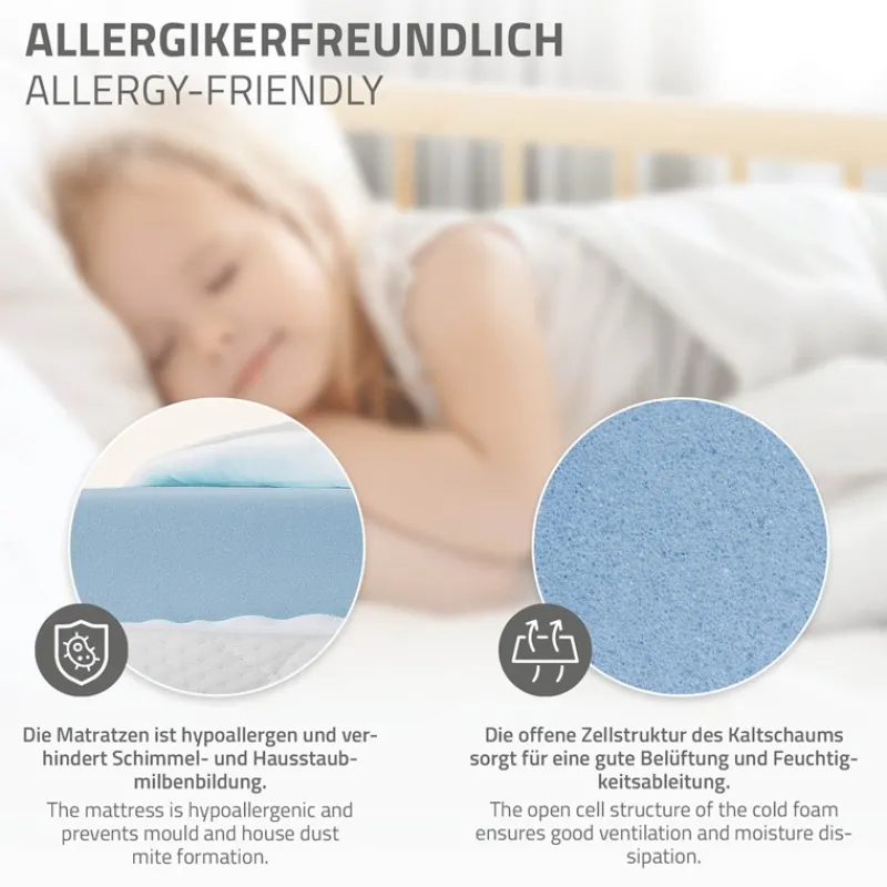 Kinderbett 80x160 cm mit Matratze, Lattenrost und Rausfallschutz in Natur ML-Design-ECD Germany