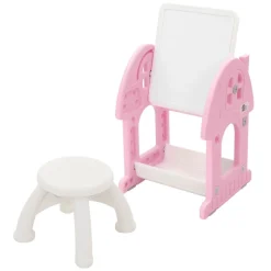 Kindersitzgruppe 2 in 1 Spieltisch mit Tafel und Stuhl Set, HDPE, Weiß-Rosa, Kindertisch und Hocker Joyz-ECD Germany Best