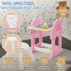Kindersitzgruppe 2 in 1 Spieltisch mit Tafel und Stuhl Set, HDPE, Weiß-Rosa, Kindertisch und Hocker Joyz-ECD Germany Best