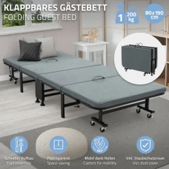Klappbares Gästebett 80x190 cm mit Matratze rollbar für Kinder & Erwachsene bis 200kg belastbar-ECD Germany Online