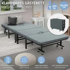 Klappbares Gästebett 90x200 cm mit Matratze, rollbar, für Kinder & Erwachsene bis 200kg belastbar-ECD Germany Outlet