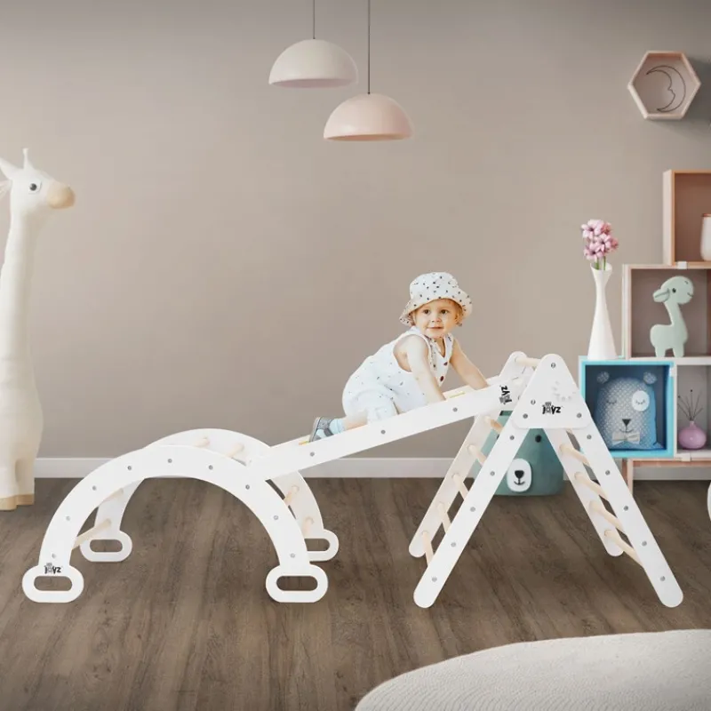 Kletterdreieck 3 in 1 Set 188x52x60 cm Natur aus Holz inkl. Rutsche & Kletterbogen Joyz-ECD Germany Hot