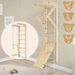 Klettergerüst Indoor Sprossenwand für Kinder aus Holz mit Turnringen, Strickleiter, Rutschbrett 6 in 1 ab 3 Jahren-ECD Germany