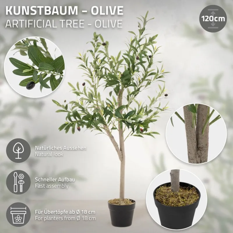 Künstlicher Olivenbaum 120 cm Kunstpflanze mit Naturholzstamm und Früchten ML-Design-ECD Germany Sale
