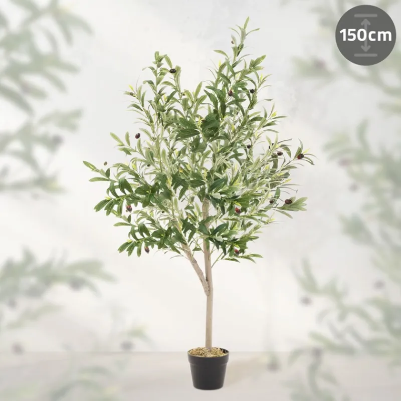 Künstlicher Olivenbaum 150 cm Kunstpflanze mit Naturholzstamm und Früchten ML-Design-ECD Germany Hot