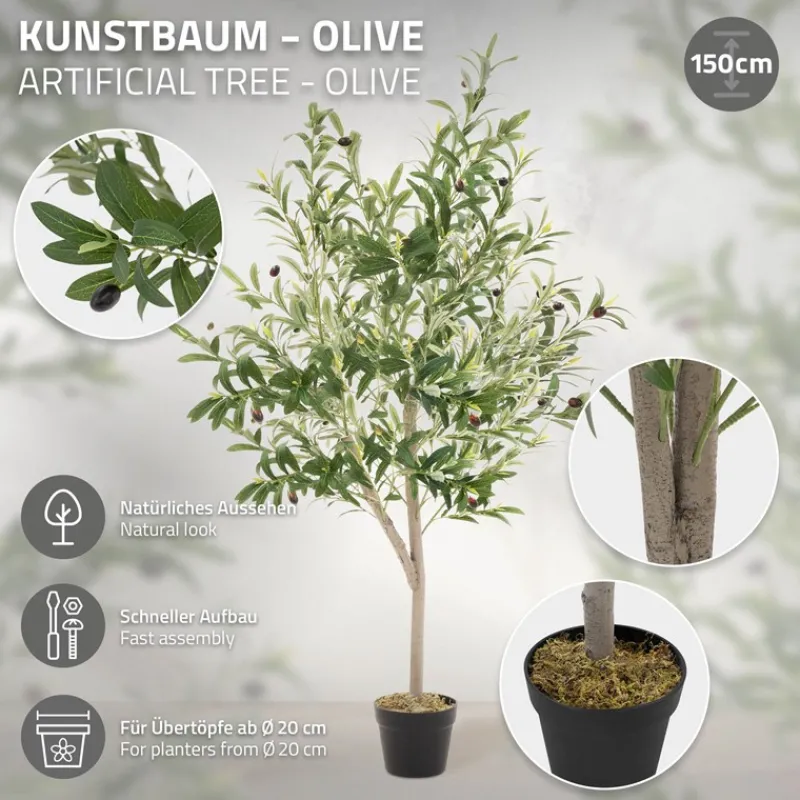 Künstlicher Olivenbaum 150 cm Kunstpflanze mit Naturholzstamm und Früchten ML-Design-ECD Germany Hot