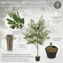 Künstlicher Olivenbaum 150 cm Kunstpflanze mit Naturholzstamm und Früchten ML-Design-ECD Germany Hot