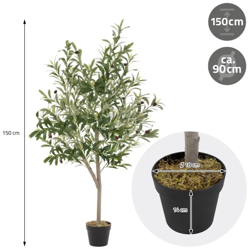 Künstlicher Olivenbaum 150 cm Kunstpflanze mit Naturholzstamm und Früchten ML-Design-ECD Germany Hot