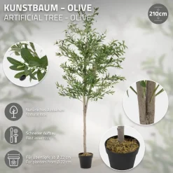 Künstlicher Olivenbaum 210 cm Kunstpflanze mit Naturholzstamm und Früchten ML-Design-ECD Germany Clearance