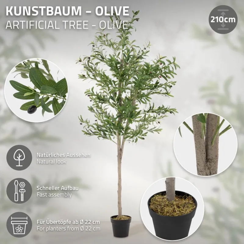 Künstlicher Olivenbaum 210 cm Kunstpflanze mit Naturholzstamm und Früchten ML-Design-ECD Germany Clearance