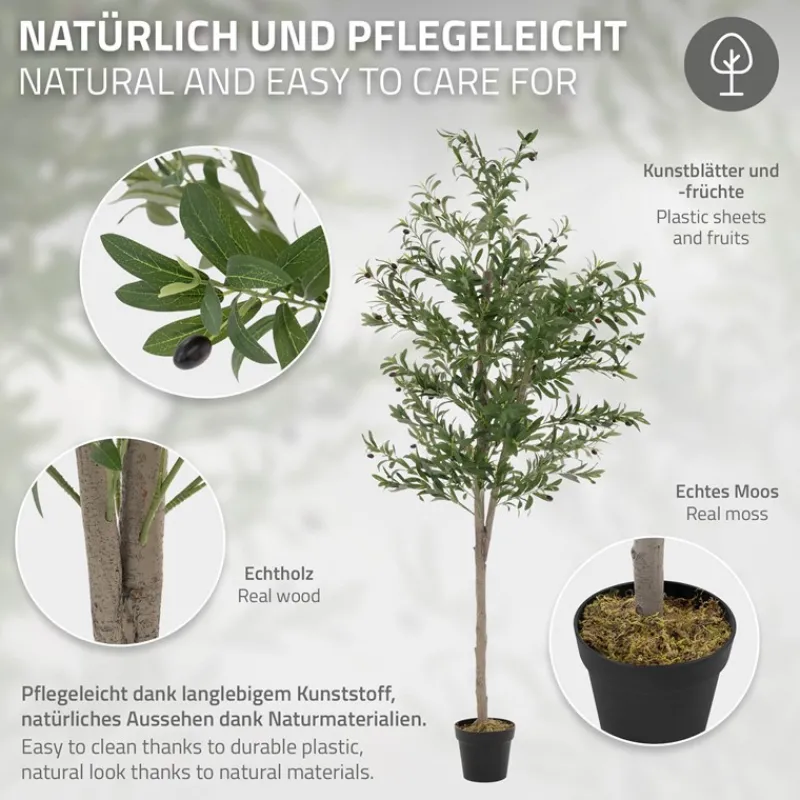 Künstlicher Olivenbaum 210 cm Kunstpflanze mit Naturholzstamm und Früchten ML-Design-ECD Germany Clearance