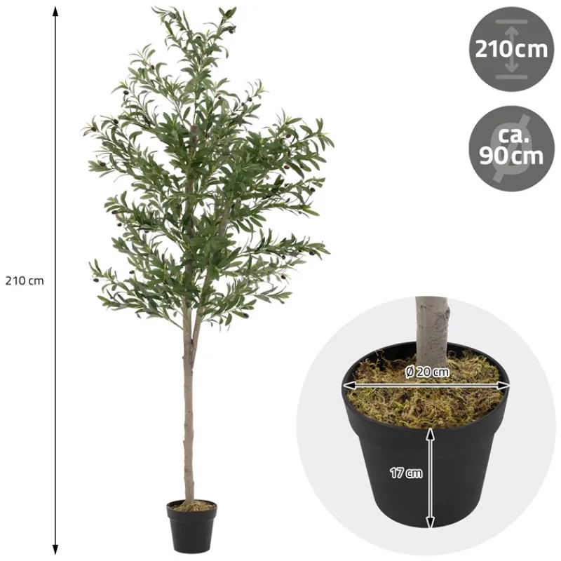 Künstlicher Olivenbaum 210 cm Kunstpflanze mit Naturholzstamm und Früchten ML-Design-ECD Germany Clearance