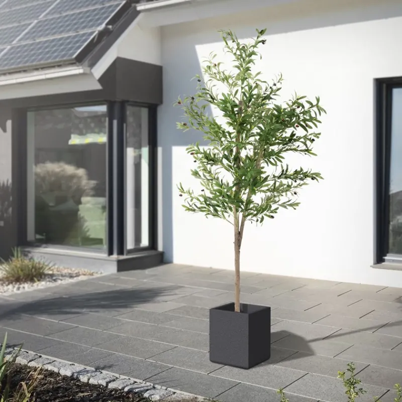 Künstlicher Olivenbaum 210 cm Kunstpflanze mit Naturholzstamm und Früchten ML-Design-ECD Germany Clearance