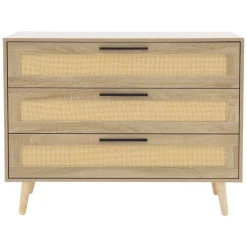 Kommode Sideboard mit 3 Schubladen 100x77x40 cm Eiche-Optik mit Rattanfront und Massivholzfüßen ML-Design-ECD Germany