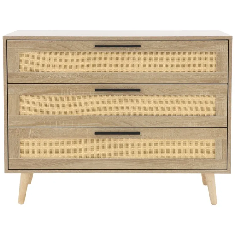 Kommode Sideboard mit 3 Schubladen 100x77x40 cm Eiche-Optik mit Rattanfront und Massivholzfüßen ML-Design-ECD Germany