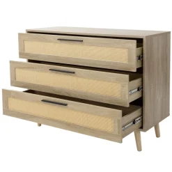 Kommode Sideboard mit 3 Schubladen 100x77x40 cm Eiche-Optik mit Rattanfront und Massivholzfüßen ML-Design-ECD Germany