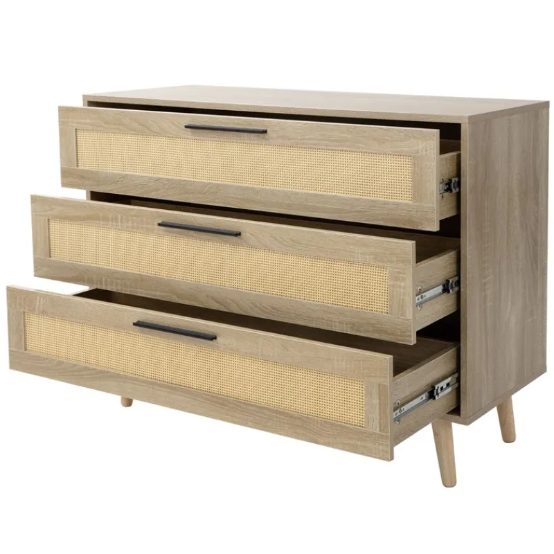Kommode Sideboard mit 3 Schubladen 100x77x40 cm Eiche-Optik mit Rattanfront und Massivholzfüßen ML-Design-ECD Germany