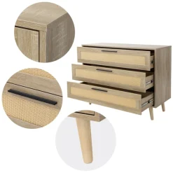 Kommode Sideboard mit 3 Schubladen 100x77x40 cm Eiche-Optik mit Rattanfront und Massivholzfüßen ML-Design-ECD Germany