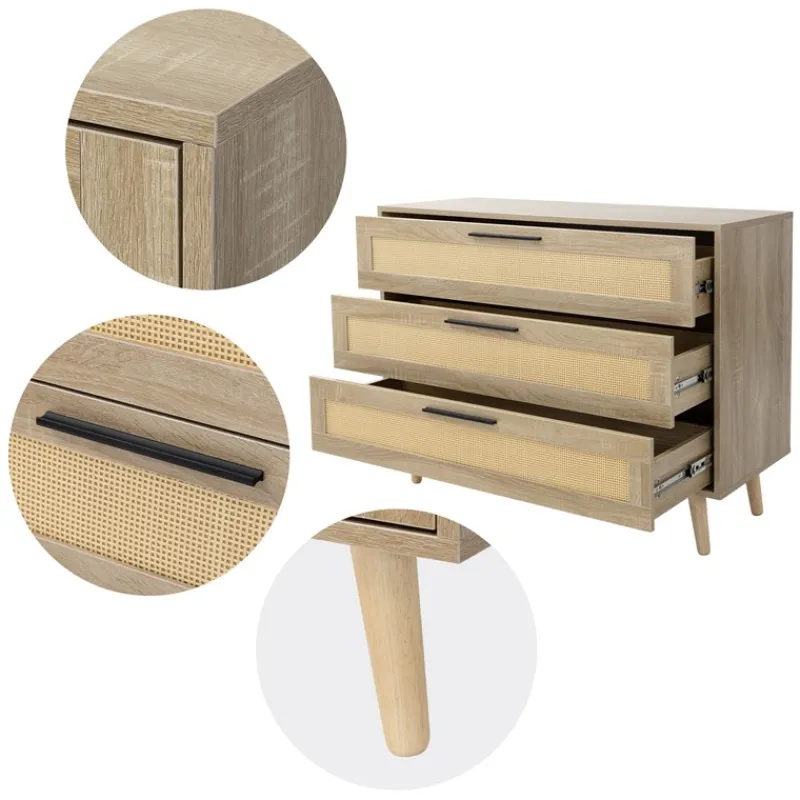 Kommode Sideboard mit 3 Schubladen 100x77x40 cm Eiche-Optik mit Rattanfront und Massivholzfüßen ML-Design-ECD Germany