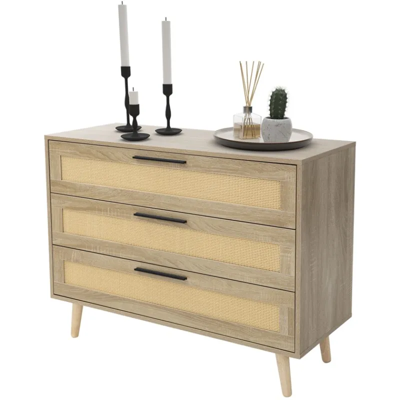 Kommode Sideboard mit 3 Schubladen 100x77x40 cm Eiche-Optik mit Rattanfront und Massivholzfüßen ML-Design-ECD Germany