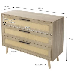 Kommode Sideboard mit 3 Schubladen 100x77x40 cm Eiche-Optik mit Rattanfront und Massivholzfüßen ML-Design-ECD Germany