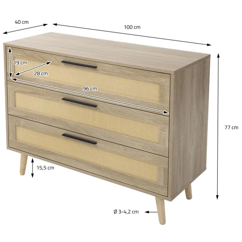 Kommode Sideboard mit 3 Schubladen 100x77x40 cm Eiche-Optik mit Rattanfront und Massivholzfüßen ML-Design-ECD Germany