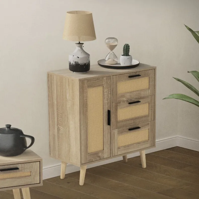 Kommode Sideboard mit Softclose Tür & 3 Schubladen 74x76x30 cm Eiche-Optik mit Rattanfront ML-Design-ECD Germany Online