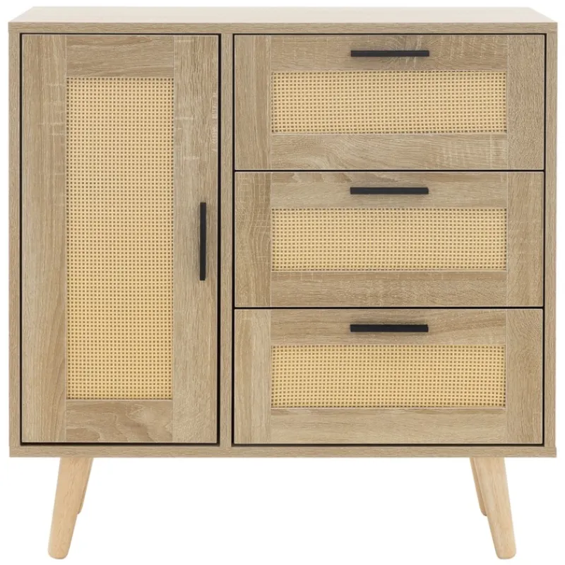 Kommode Sideboard mit Softclose Tür & 3 Schubladen 74x76x30 cm Eiche-Optik mit Rattanfront ML-Design-ECD Germany Online