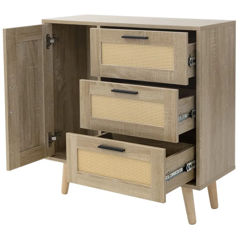 Kommode Sideboard mit Softclose Tür & 3 Schubladen 74x76x30 cm Eiche-Optik mit Rattanfront ML-Design-ECD Germany Online