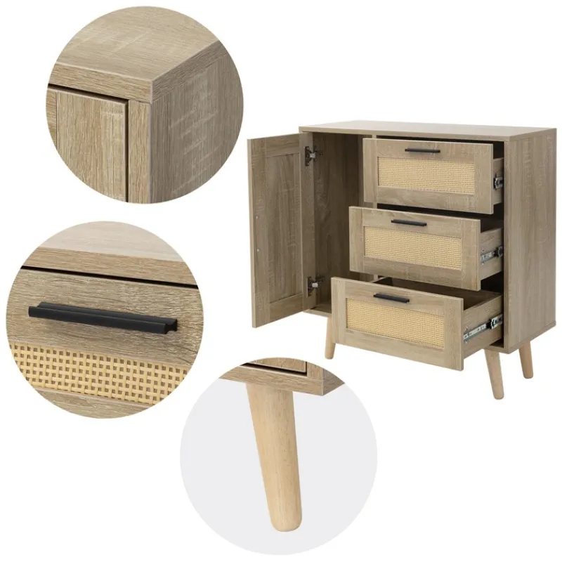 Kommode Sideboard mit Softclose Tür & 3 Schubladen 74x76x30 cm Eiche-Optik mit Rattanfront ML-Design-ECD Germany Online