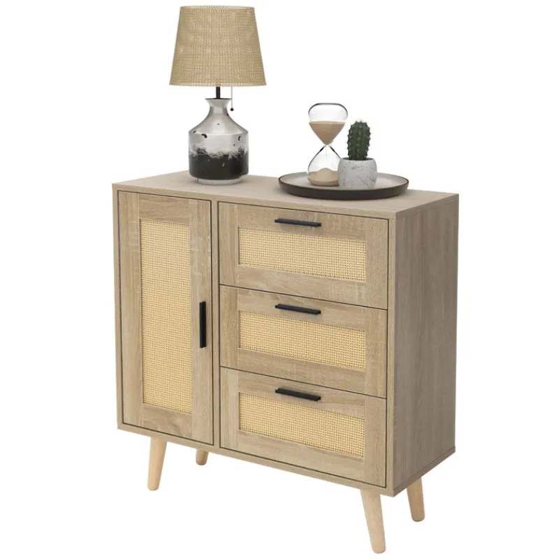 Kommode Sideboard mit Softclose Tür & 3 Schubladen 74x76x30 cm Eiche-Optik mit Rattanfront ML-Design-ECD Germany Online