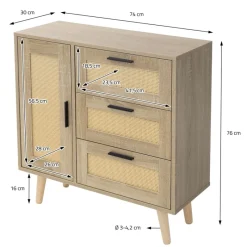 Kommode Sideboard mit Softclose Tür & 3 Schubladen 74x76x30 cm Eiche-Optik mit Rattanfront ML-Design-ECD Germany Online