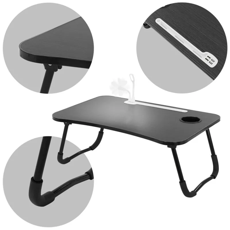 Laptoptisch mit USB-Ports klappbar 60x40 cm Schwarz aus MDF inkl. USB Lampe und Ventilator ML-Design-ECD Germany Best