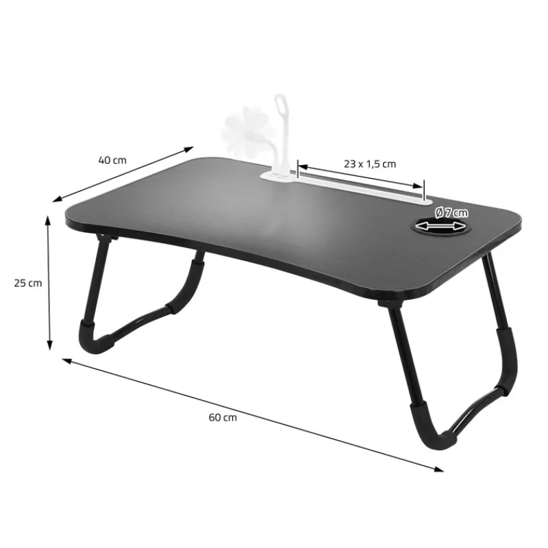 Laptoptisch mit USB-Ports klappbar 60x40 cm Schwarz aus MDF inkl. USB Lampe und Ventilator ML-Design-ECD Germany Best