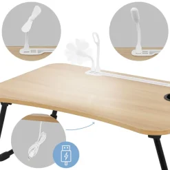 Laptoptisch mit USB-Ports klappbar 60x40 cm Holzoptik aus MDF inkl. USB Lampe und Ventilator ML-Design-ECD Germany
