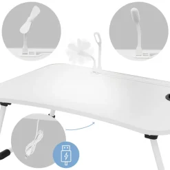 Laptoptisch mit USB-Ports klappbar 60x40 cm Weiß aus MDF inkl. USB Lampe und Ventilator ML-Design-ECD Germany Best