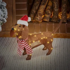 LED Dackel mit Mütze und Schal, 60x43 cm, batteriebetrieben, LED Weihnachtsdekoration, IP44 für Innen und Außen-ECD Germany Sale