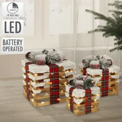 LED Geschenkbox Weihnachtsdeko 3er Set Braun aus Holz batteriebetrieben mit Timer-ECD Germany Outlet