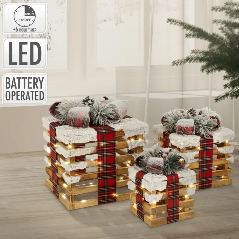 LED Geschenkbox Weihnachtsdeko 3er Set Braun aus Holz batteriebetrieben mit Timer-ECD Germany Outlet