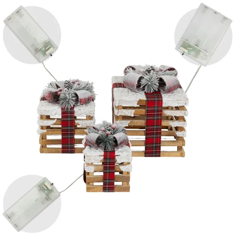 LED Geschenkbox Weihnachtsdeko 3er Set Braun aus Holz batteriebetrieben mit Timer-ECD Germany Outlet