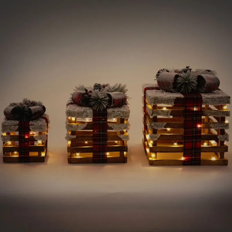 LED Geschenkbox Weihnachtsdeko 3er Set Braun aus Holz batteriebetrieben mit Timer-ECD Germany Outlet