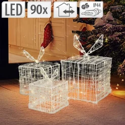 LED Geschenkboxen 3er Set mit 90 LEDs Warmweiß Metallgestell IP44 mit Netzstecker-ECD Germany Outlet