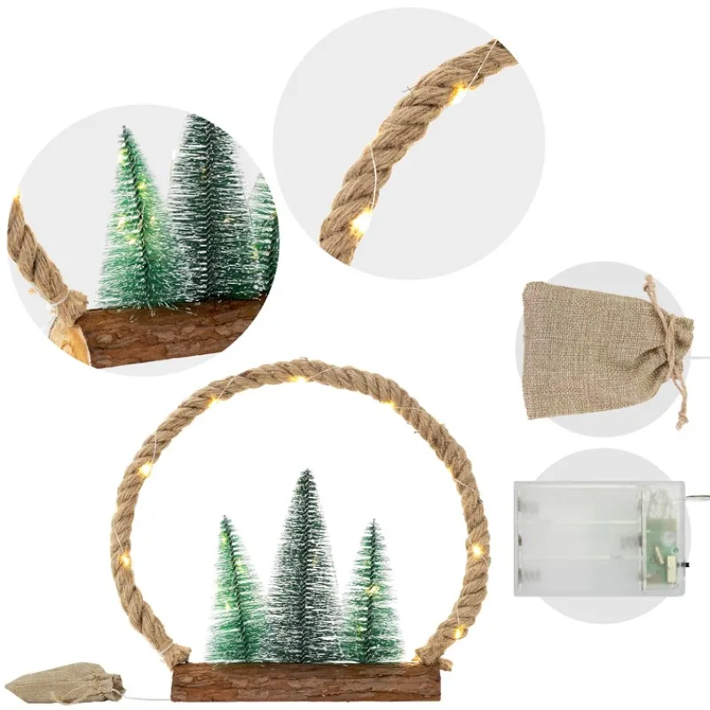 LED Jute Kreis 34x30x7.5 cm aus Seil mit 30 warmweißen LEDs 3 Tannen Jutesäckchen Batterien Timer-ECD Germany